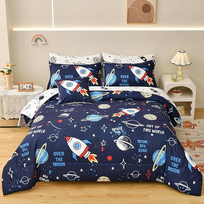 8 Piece Kid Comforter Set Twin Size Bed in a Bag, Space Rocket Bedding Set for Teen Boys Girls - LeafyLoom