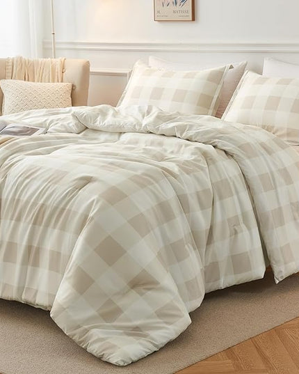 Andency Beige Grid Comforter Set Full Size (79x90 Inch), 3 Pieces(1 Grid Comforter and 2 Pillowcases), Summer Lightweight Microfiber Down Alternative Beige Comforter - LeafyLoom