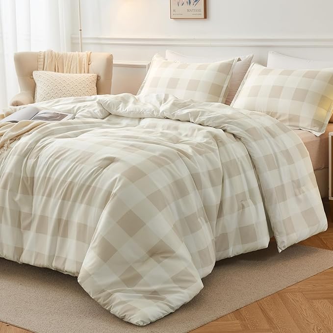 Andency Beige Grid King Size Comforter Set (104x90 Inch), 3 Pieces(1 Grid Comforter and 2 Pillowcases), Summer Lightweight Microfiber Down Alternative Beige Comforter - LeafyLoom