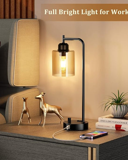 Industrial Small Desk Lamp for Nightstand - Amber Clear Glass Shade Table Lamp with USB C Port, Fully Dimmable Black Bedside Lamp with USB Port and Outlet, Bedroom Lamp for Reading Office - LeafyLoom