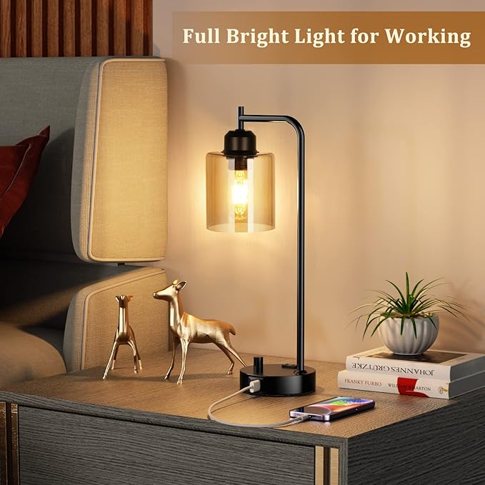 Industrial Small Desk Lamp for Nightstand - Amber Clear Glass Shade Table Lamp with USB C Port, Fully Dimmable Black Bedside Lamp with USB Port and Outlet, Bedroom Lamp for Reading Office - LeafyLoom