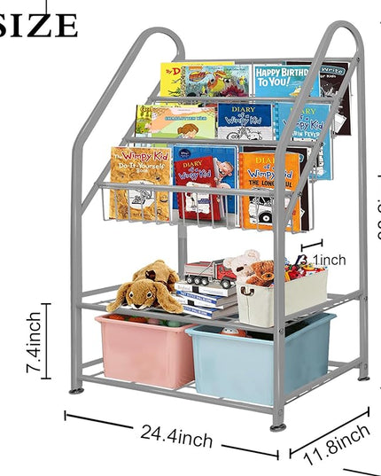 aboxoo Metal Kids Bookshelf Grey Toy Chests & Organizers Large Freestanding for Children Toy Chests & OrganizersRoom 25 in Toy Organizer Large Stable Bookcase Bookstore Library Bed Living Room - LeafyLoom
