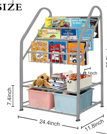 aboxoo Metal Kids Bookshelf Grey Toy Chests & Organizers Large Freestanding for Children Toy Chests & OrganizersRoom 25 in Toy Organizer Large Stable Bookcase Bookstore Library Bed Living Room - LeafyLoom