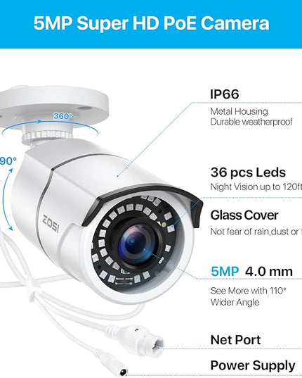 ZOSI ZG2615E 5MP PoE IP Camera Bullet Camera with Night Vision for Outdoor Indoor Power Over Ethernet Surveillance System,Only Work with ZOSI PoE NVR,ZR16DK,ZR08EN,ZR08DN,ZR08PN ZOSI