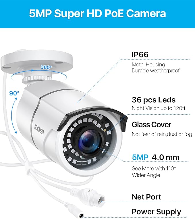 ZOSI ZG2615E 5MP PoE IP Camera Bullet Camera with Night Vision for Outdoor Indoor Power Over Ethernet Surveillance System,Only Work with ZOSI PoE NVR,ZR16DK,ZR08EN,ZR08DN,ZR08PN ZOSI