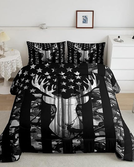 Black Grey Camo Comforter Set Queen,Camouflage American Flag Bedding Set, Deer Antlers Silhouette Quilt Set 3 Pcs for Kids Teens Adults Room Decor,Wild Animal Natural Duvet Insert with 2 Pillowcases - LeafyLoom