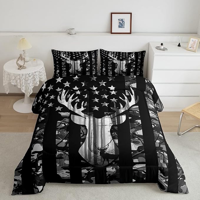 Black Grey Camo Comforter Set Queen,Camouflage American Flag Bedding Set, Deer Antlers Silhouette Quilt Set 3 Pcs for Kids Teens Adults Room Decor,Wild Animal Natural Duvet Insert with 2 Pillowcases - LeafyLoom