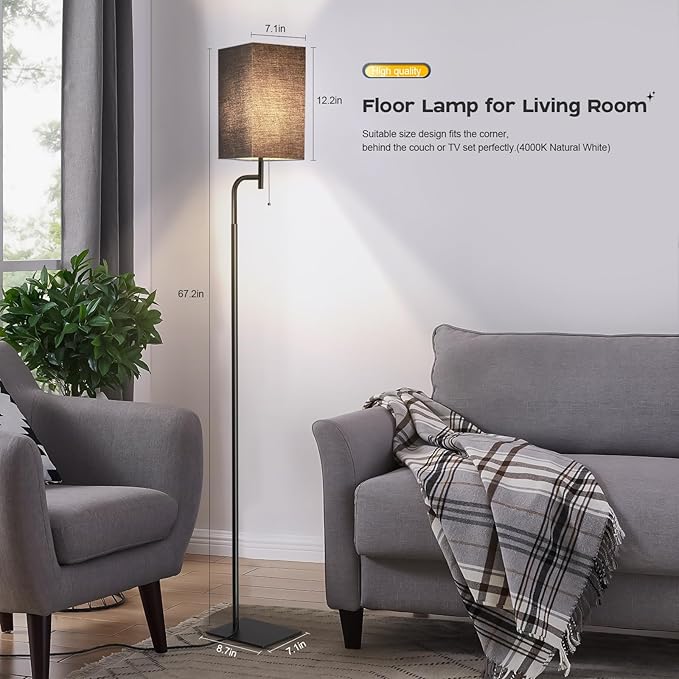 Modern Floor Lamp for Living Room, Black, 3 Color Temperatures, Linen Shade, Minimalist Design, Tall Lamp for Reading, Office, Bedroom - LeafyLoom