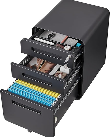 3 Drawer Mobile Desk Office with Lock and Wheels,Versatile Storage Cabinets w/Anti-Tilting Cold Rolled Steel Waterproof Moisture-Proof,for Legal/Letter/A4 Files,Black - LeafyLoom