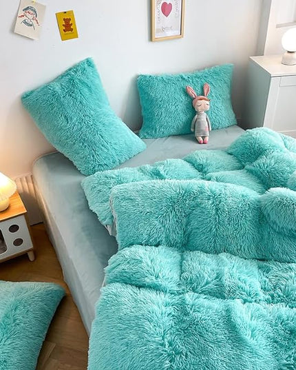 Faux Fur Kids Girls Sky Blue Comforter Sets Queen - 3PC Bed Set Warm Comfortable Soft Plush Flannel Velvet Fluffy Fuzzy Bedding（Comforter x 1 Pillowcases x 2） - LeafyLoom