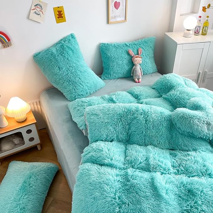 Faux Fur Kids Girls Sky Blue Comforter Sets Queen - 3PC Bed Set Warm Comfortable Soft Plush Flannel Velvet Fluffy Fuzzy Bedding（Comforter x 1 Pillowcases x 2） - LeafyLoom