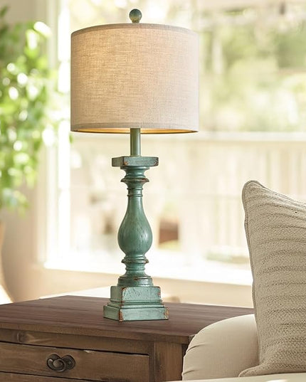 BOBOMOMO 27" Farmhouse Table Lamp Set of 2 with USB A+C for Bedroom Living Room Vintage Rustic Traditional Nightstand Bedside Lamps Retro Side Table Lamps (Green) - LeafyLoom