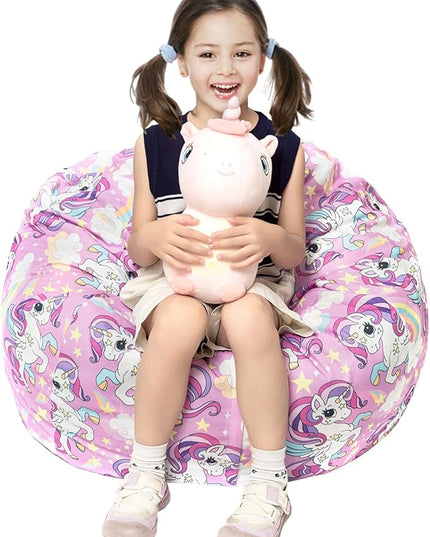 Stuffed Animal Storage Bean Bag Chair Cover, Hold Kids Plush Toys Blankets Towels Beanbag (Cover Only), Canvas Floor Circle Stuff Sit Seat Sofa with YKK Zipper, Large 32", Unicorn - LeafyLoom
