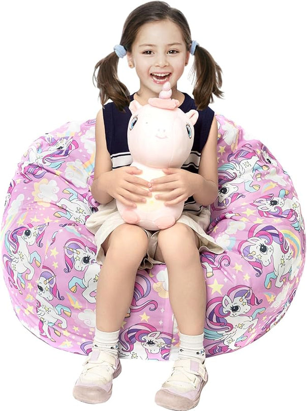 Stuffed Animal Storage Bean Bag Chair Cover, Hold Kids Plush Toys Blankets Towels Beanbag (Cover Only), Canvas Floor Circle Stuff Sit Seat Sofa with YKK Zipper, Large 32", Unicorn - LeafyLoom