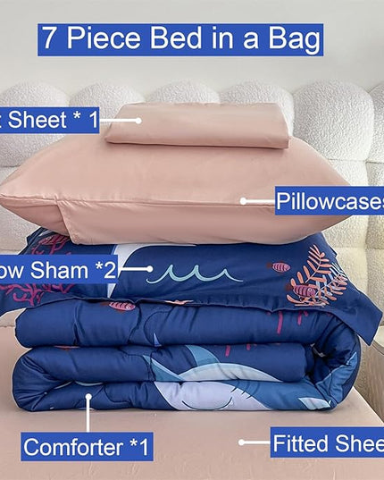 Boys Sharks Comforter Set Twin Size 7 Piece Cute Ocean Animal Jellyfish 3D Printed Bedding Set Bed in A Bag for Kids Girls Teens Lightweight Soft Bed Set All Seasons Navy Blue - LeafyLoom