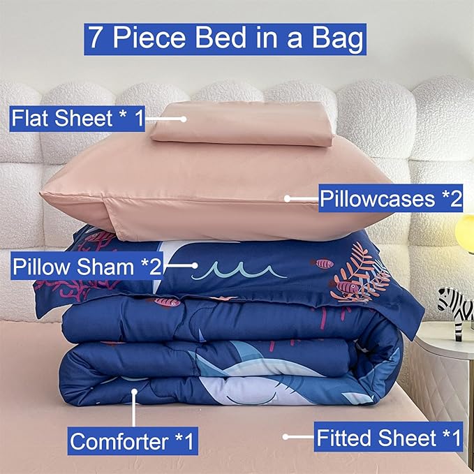Boys Sharks Comforter Set Twin Size 7 Piece Cute Ocean Animal Jellyfish 3D Printed Bedding Set Bed in A Bag for Kids Girls Teens Lightweight Soft Bed Set All Seasons Navy Blue - LeafyLoom