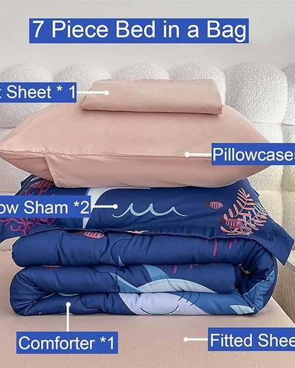 Boys Sharks Comforter Set Full Size 7 Piece Cute Ocean Animal Jellyfish 3D Printed Bedding Set Bed in A Bag for Kids Girls Teens Lightweight Soft Bed Set All Seasons Navy Blue - LeafyLoom