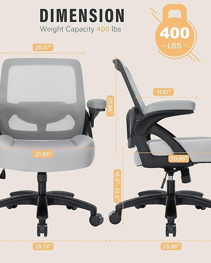 Big and Tall Office Chair 400lb- Mesh Ergonomic Heavy Duty Desk Chair- Flip Arms, Plus Size Wide Seat Executive Computer Chair for Large People- Home Office Swivel Rolling Task Chairs - LeafyLoom