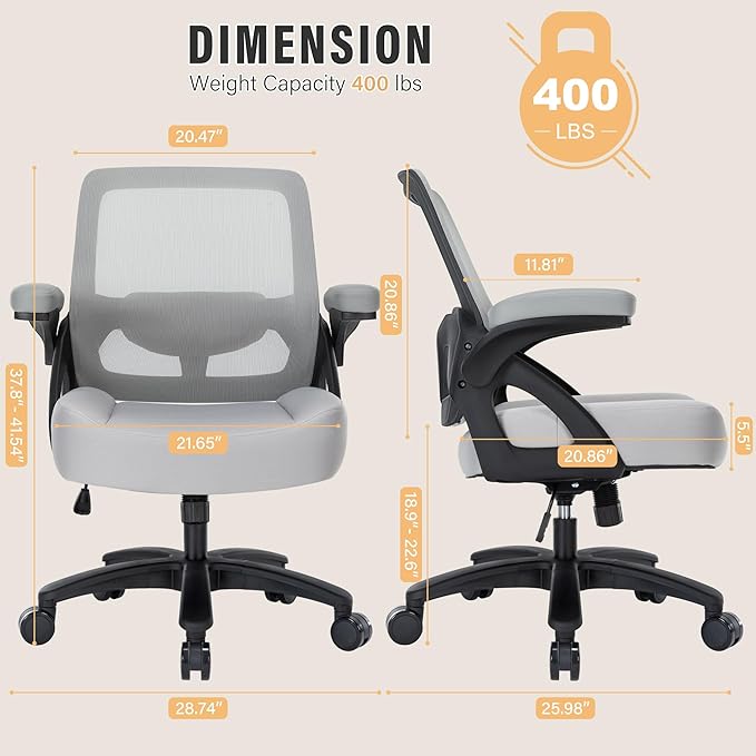 Big and Tall Office Chair 400lb- Mesh Ergonomic Heavy Duty Desk Chair- Flip Arms, Plus Size Wide Seat Executive Computer Chair for Large People- Home Office Swivel Rolling Task Chairs - LeafyLoom