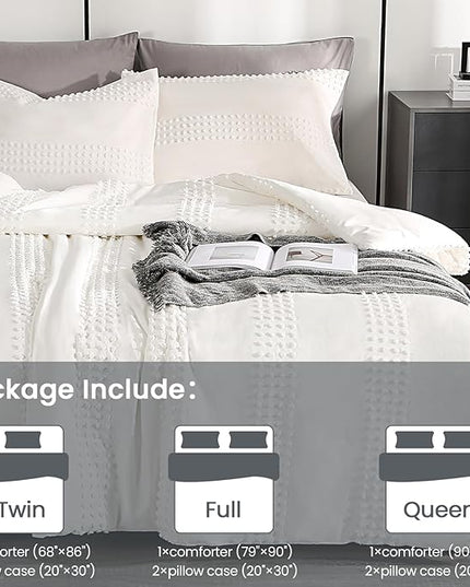 ENJOHOS White Full Size Comforter Bedding Set, 3 PCS Boho Comforter with Tufted Dots, Shabby Chic Bedding Comforter for All Season, Lightweight Fluffy Microfiber Comforter with 2 Pillowcases - LeafyLoom