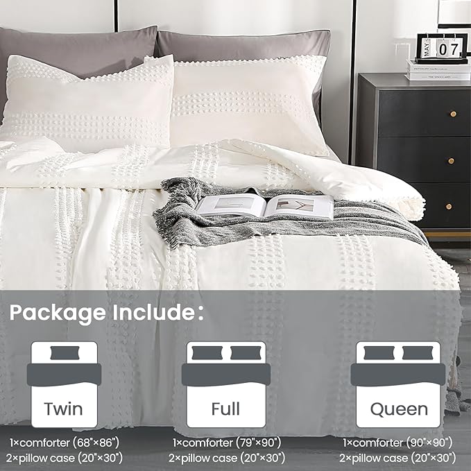 ENJOHOS White Full Size Comforter Bedding Set, 3 PCS Boho Comforter with Tufted Dots, Shabby Chic Bedding Comforter for All Season, Lightweight Fluffy Microfiber Comforter with 2 Pillowcases - LeafyLoom