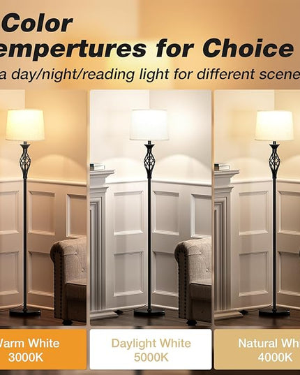 Ambimall Floor Lamps for Living Room - 3 Color Temperature Vintage Standing Lamp, Farmhouse Black Floor Lamp with Light Beige Shade, Bright Tall Light for Bedroom(9W Bulb Included) - LeafyLoom