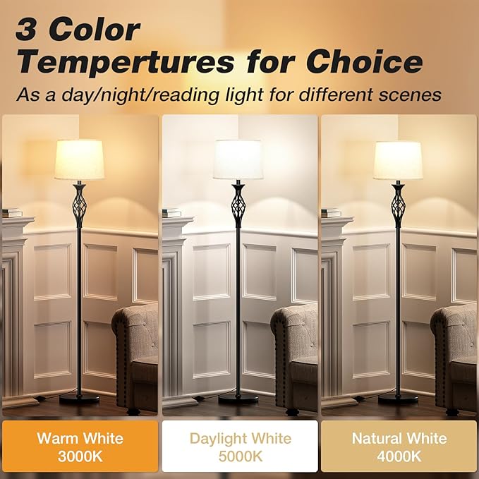 Ambimall Floor Lamps for Living Room - 3 Color Temperature Vintage Standing Lamp, Farmhouse Black Floor Lamp with Light Beige Shade, Bright Tall Light for Bedroom(9W Bulb Included) - LeafyLoom