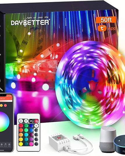 DAYBETTER Smart WiFi Led Lights, Tuya App Controlled, Work with Alexa and Google Assistant, Timer Schedule, RGB Strip Color Changing Décor for Bedroom Party Kitchen, 50ft DAYBETTER