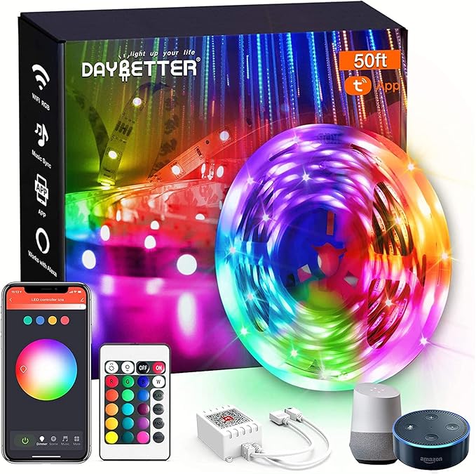DAYBETTER Smart WiFi Led Lights, Tuya App Controlled, Work with Alexa and Google Assistant, Timer Schedule, RGB Strip Color Changing Décor for Bedroom Party Kitchen, 50ft DAYBETTER