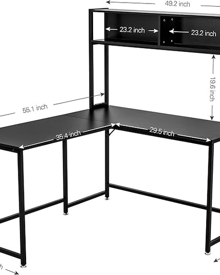 Becko US L Shaped Desk with Hutch, 56 Inch Corner Computer Desk, Home Office Writing Desk with Storage Shelves, Space Saving (Black) - LeafyLoom