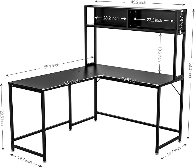 Becko US L Shaped Desk with Hutch, 56 Inch Corner Computer Desk, Home Office Writing Desk with Storage Shelves, Space Saving (Black) - LeafyLoom