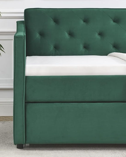 Upholstered Twin Size Daybed with Twin Trundle, Solid Wood Sofa Bed w/Button Tufted Backrest and Waved Shape Arms, for Kids, Living Room, Bedroom, Dorm, No Box Spring Needed, Green - LeafyLoom