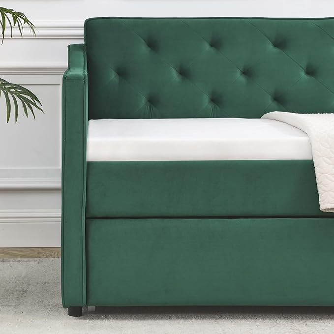 Upholstered Twin Size Daybed with Twin Trundle, Solid Wood Sofa Bed w/Button Tufted Backrest and Waved Shape Arms, for Kids, Living Room, Bedroom, Dorm, No Box Spring Needed, Green - LeafyLoom