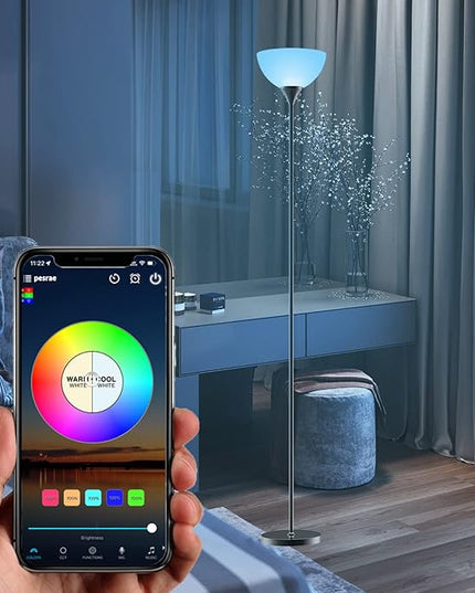 PESRAE Smart RGB Floor Lamp Work with Alexa, Google Assistant WiFi App, Modern Color Changing Floor Lamp, Dimmable Corner Floor Lamp for Living Room, Bedroom and Play Room (without Remote Control) - LeafyLoom