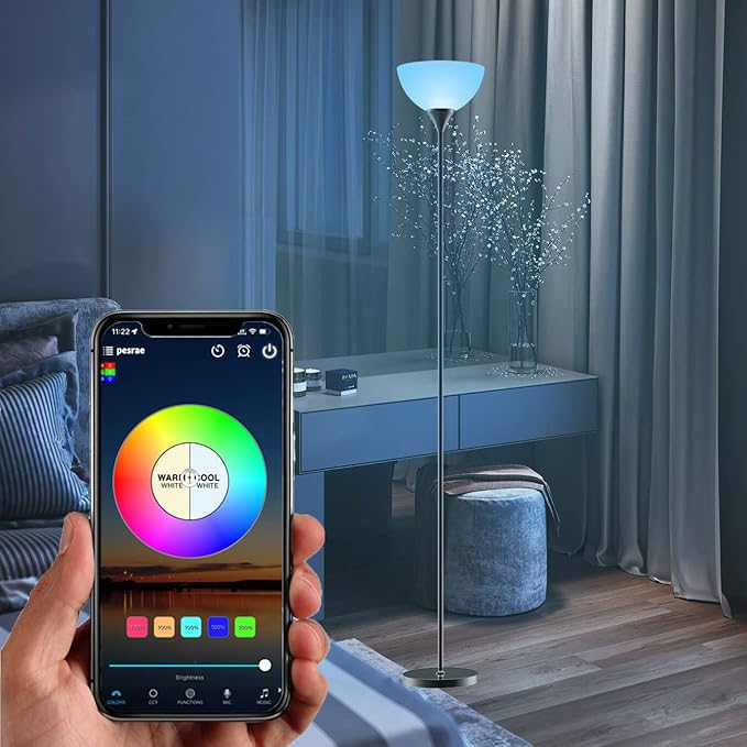 PESRAE Smart RGB Floor Lamp Work with Alexa, Google Assistant WiFi App, Modern Color Changing Floor Lamp, Dimmable Corner Floor Lamp for Living Room, Bedroom and Play Room (without Remote Control) - LeafyLoom