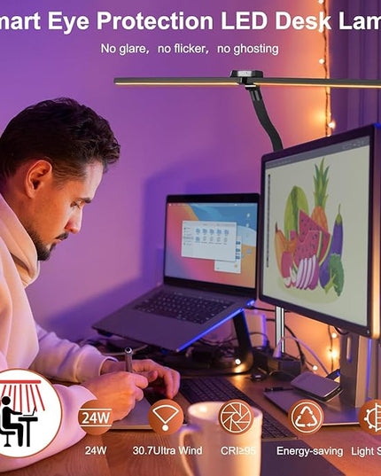 Led Desk Lamp for Office Home - Bright Double Head Desk Light with Clamp,Architect Task Lamp Gooseneck Smart Light: 24W 5 Color Flexible Adjustable Lighting Table Lamp for Study Drafting - LeafyLoom