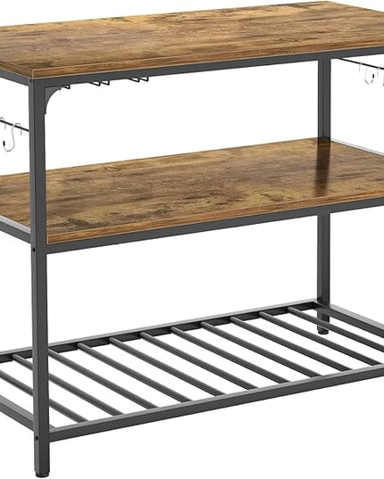 Homieasy Kitchen Island with Wine Glass Holder, Industrial Wood and Metal Coffee Bar Rack, 3 Tier Spacious Prep Table Extended Counter with Hooks Easy to Assemble, Rustic Brown - LeafyLoom