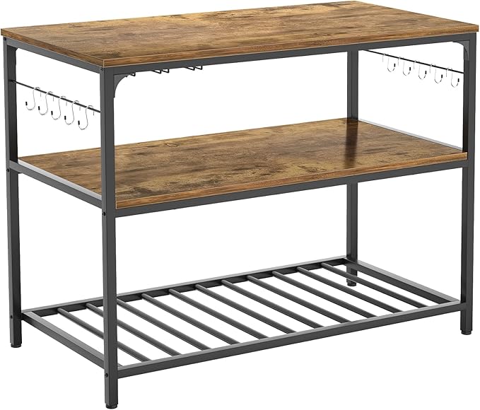 Homieasy Kitchen Island with Wine Glass Holder, Industrial Wood and Metal Coffee Bar Rack, 3 Tier Spacious Prep Table Extended Counter with Hooks Easy to Assemble, Rustic Brown - LeafyLoom