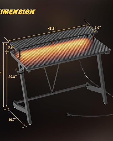 Gaming Desk with Power Outlets & Music Strip Lights,Computer Desk with Large Monitor Stand, PC Laptop Table for Small Spaces, Gamer Workstation with Cup Holder, Headphone Hook for Home Office - LeafyLoom