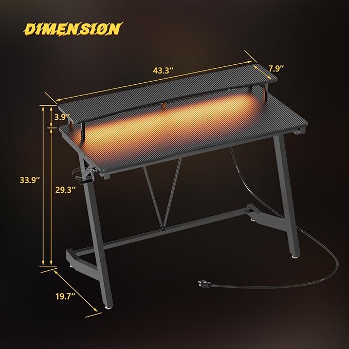 Gaming Desk with Power Outlets & Music Strip Lights,Computer Desk with Large Monitor Stand, PC Laptop Table for Small Spaces, Gamer Workstation with Cup Holder, Headphone Hook for Home Office - LeafyLoom