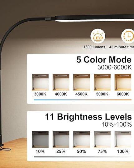 SKYLEO Desk Lamp for Office Home- 34" LED Desk Light - Touch Control - 5 Color Modes X 11 Brightness Levels - 1300ML(112 Pcs Lamp Beads) - Timmer & Memory Function - 12W Clip On Light - Black - LeafyLoom