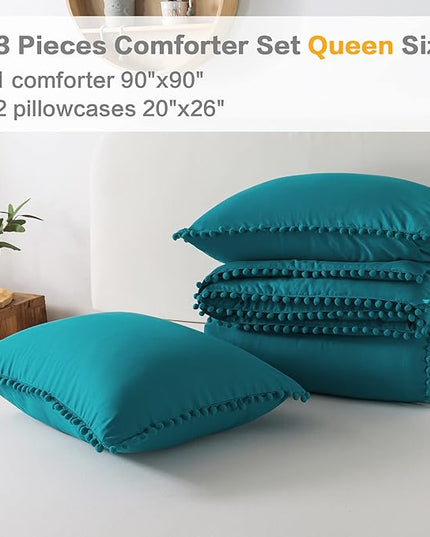 Litanika Queen Size Comforter Set Turquoise,3 Pieces Turquoise Boho Pom Pom Lightweight Bed Comforter, All Season Soft Solid Color Bedding Comforter Sets (1 Comforter 90x90 Inch, 2 Pillowcases) - LeafyLoom