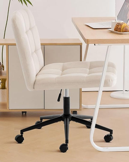 Furniliving Home Office Desk Chair with Wheels,Criss Cross Legged Wide Chair Armless Height Adjustable Chair with Mid Back Swivel Accent Vanity Chairs,Linen-Beige - LeafyLoom