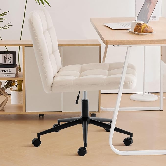Furniliving Home Office Desk Chair with Wheels,Criss Cross Legged Wide Chair Armless Height Adjustable Chair with Mid Back Swivel Accent Vanity Chairs,Linen-Beige - LeafyLoom