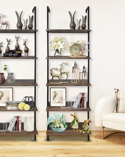 5 Tiers Ladder Shelf 2-Piece Black Modern Tall Bookshelf Open Large Tall Wall Mount Storage Bookcase Standing Leaning Wall Shelves Industrial Decorative - LeafyLoom