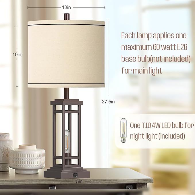 27.5 Tall Farmhouse Table Lamps with USB C + USB A Charge Ports, Rustic Living Room Lamps Set of 2, Black Industrial End Table Lamp for Bedroom Living Room Nightstand - LeafyLoom