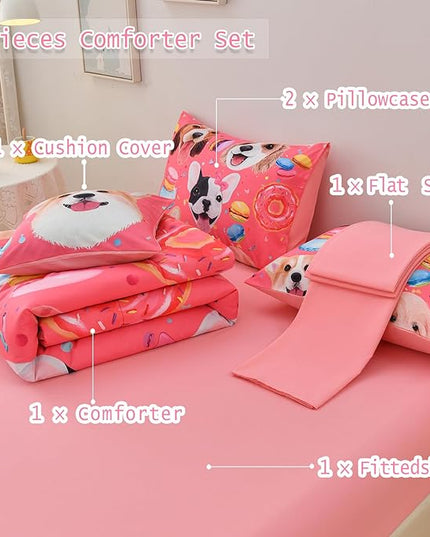 DORCAS Pink Twin Comforter Set for Girls Cute Dog Bedding Sets Twin Girls 6 Pieces Animal Twin Bed-in-A-Bag with Comforter,Sheets,Pillowcases for Kids - LeafyLoom