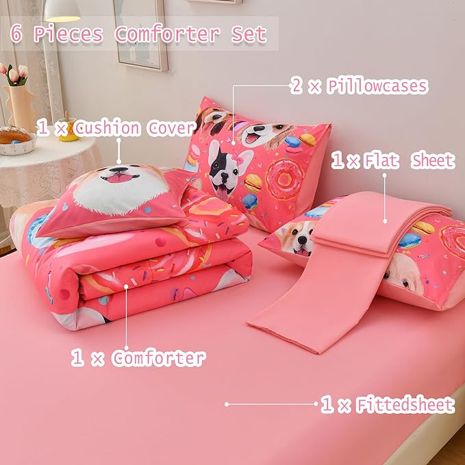 DORCAS Pink Twin Comforter Set for Girls Cute Dog Bedding Sets Twin Girls 6 Pieces Animal Twin Bed-in-A-Bag with Comforter,Sheets,Pillowcases for Kids - LeafyLoom