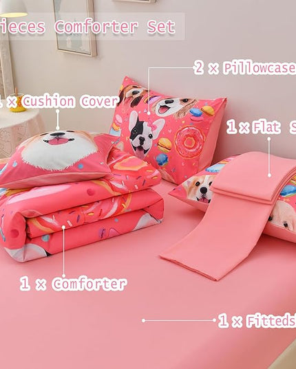 DORCAS Pink Girls Bedding Sets Full with Comforter and Sheets Cute Dog Comforter Set Full Girls,6 Pieces Animal Bedding Sets Full with Sheets for Kids - LeafyLoom
