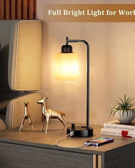 Industrial Bedroom Table Lamps for Bedside - White Opal Glass Shade Desk Lamps with USB C Port, Fully Dimmable Black Lamps with USB Port and Outlet, Reading Nightstand Lamp for Office Living Room - LeafyLoom